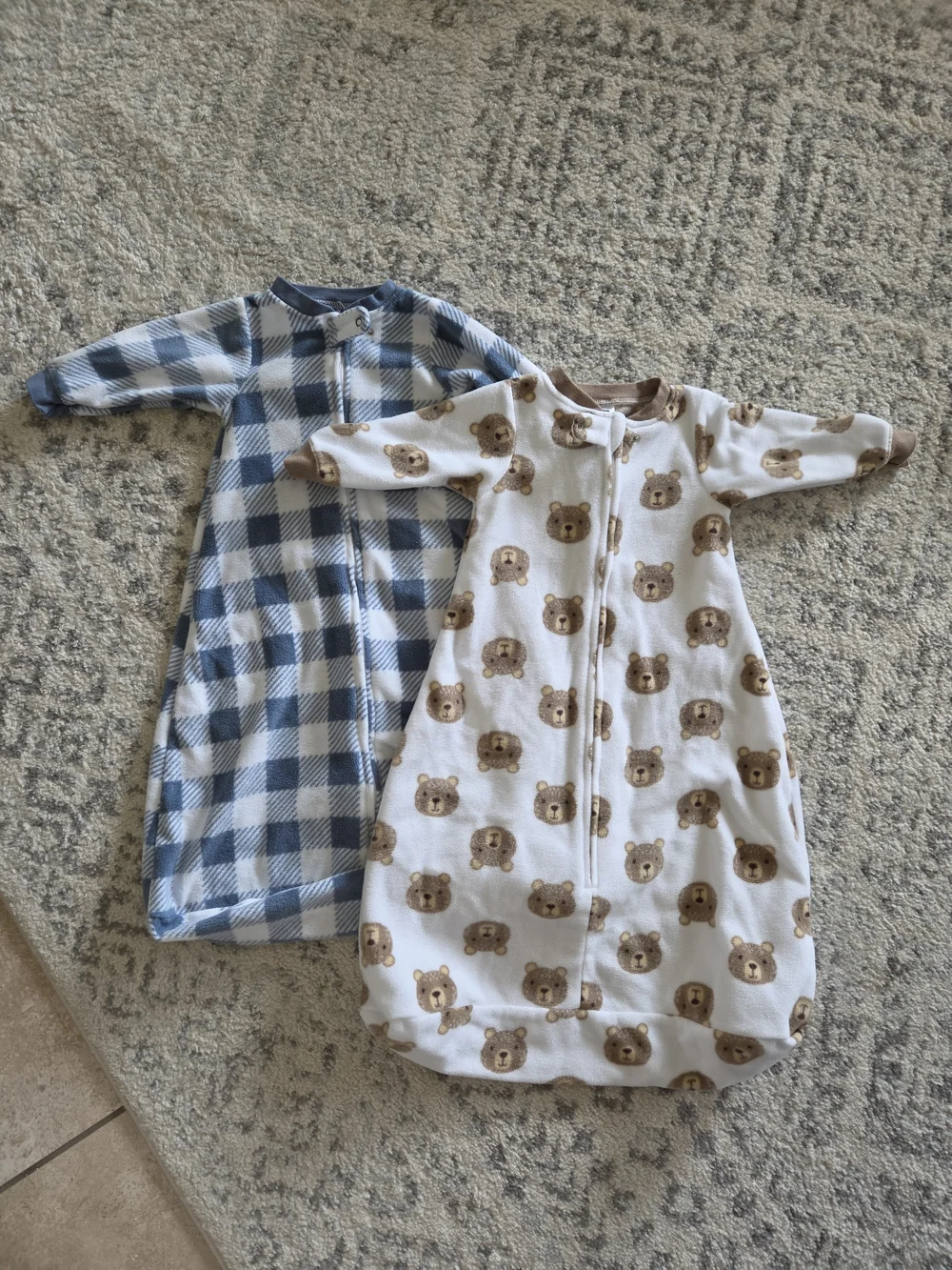 Fleece Baby Sleep Sack Pajamas - Blue Plaid & Brown Bear Prints 0-9 Months